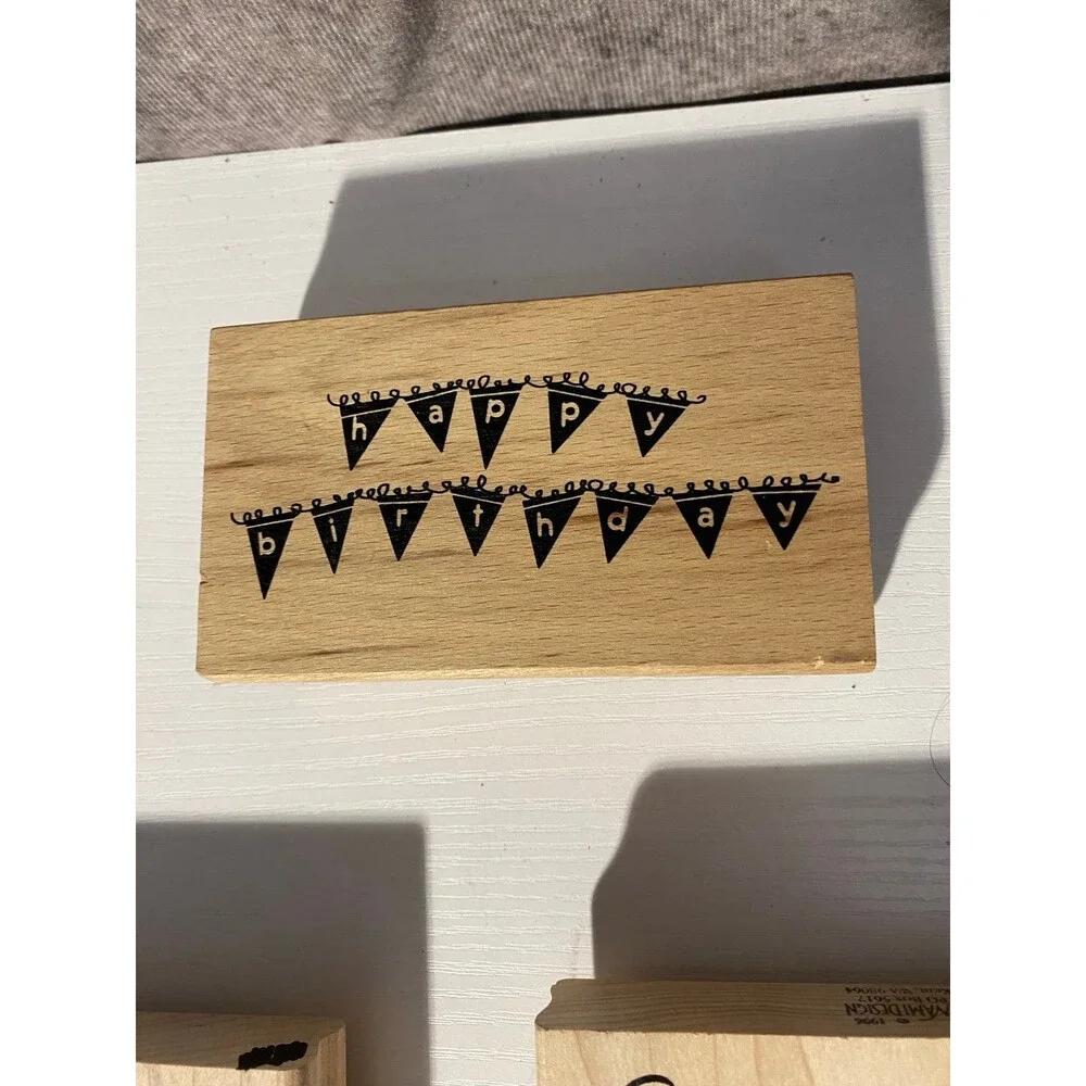 3pc Wood Rubber Stamp Lot DeNami Christmas Frame American Crafts Happy Birthday